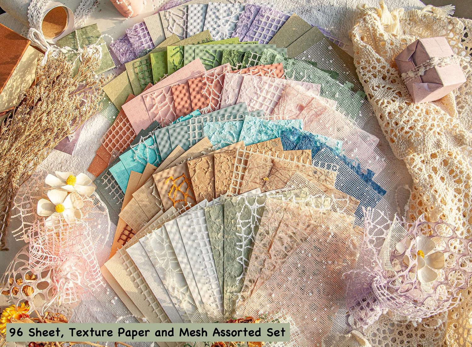 96 Sheets Textured Scrapbook Paper and Mesh Fabric Assorted Set - 6 Pack Mixed Special Paper for Scrapbooking Planner Bullet Junk Journal Supplies Mixed Media Collage Card Embellishments 3.9x5.5 Inch - Image 2